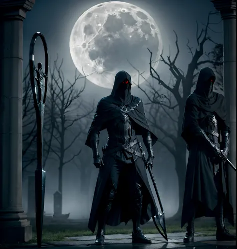 mysterious, hooded figure with a scythe, standing in a misty graveyard under a full moon. the figure should be shrouded in darkn...