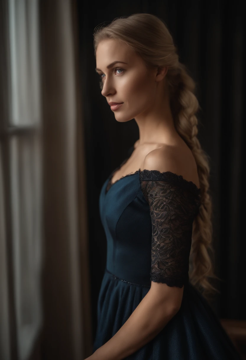 Young beautiful blonde woman with long hair standing at full height in a black dress, with blue eyes, On the one hand, the hair is gathered in a ponytail, on the other hand, in a pigtail;, looks straight, in full height, attractive facial features, looks l...