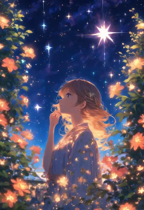 (best quality, high resolution, distinct image:1.2), detailed garden scene, beautiful girl in a flowery garden, starry sky