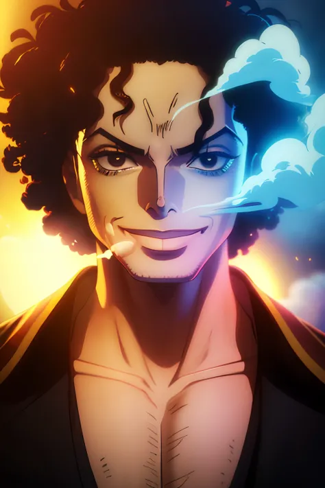 (best quality,highres),ultra-detailed,realistic,studio lighting,portrait, vibrant colors,bokeh, 1boy,happy,curly hair like Michael Jackson,power of a mist, smoke going from his body