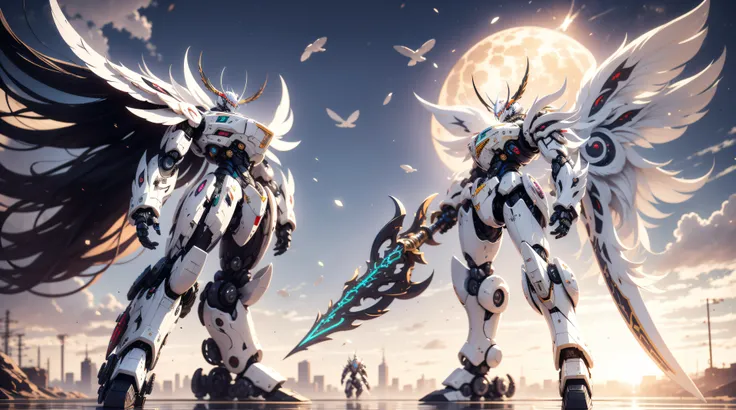 Giant mecha god robot，Double mechanical wings，Skysky，Technologie，A detailed，longspear