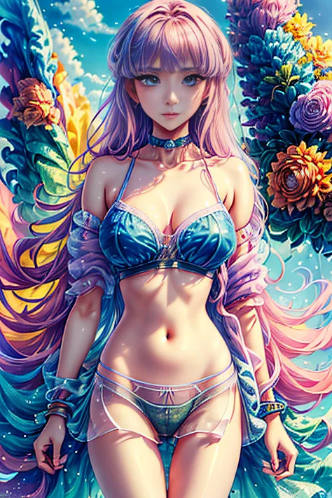 cute women, tanned skin, watercolor, freckels, anime style, messy hair, mini skirt, full body, tank top, soft colors, sparkels, glossy skin, anime style, very thin lines, handy lines, rough shading, line art, rugged, big eyes, reflective eyes, perfects eye...