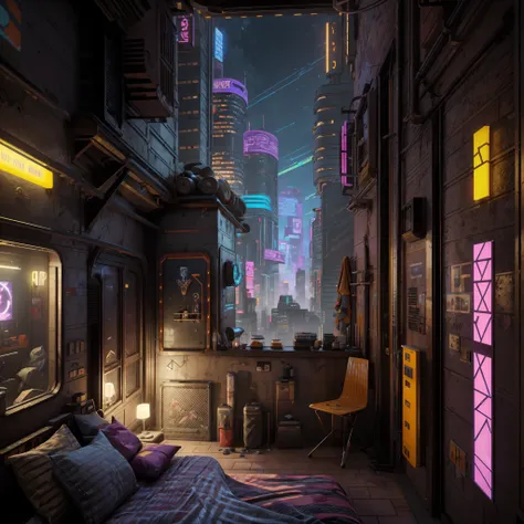 This is a cyberpunk fantasy image. Generate a cozy bedroom surrounded by a cyberpunk city. The bedroom serves as an oasis in the middle of a chaotic cyberpunk city. The bedroom has windows. Through the bedrooms windows the colorful, very detailed, and beau...