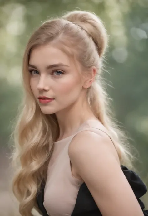 Jeune belle blonde aux cheveux longs, On the one hand, the hair is gathered in a ponytail, on the other hand in a pigs tail, Poser pour une photo, semble droit, Yeux cyan, en pleine hauteur, Traits du visage attrayants, looks like a living woman, Age 22, j...