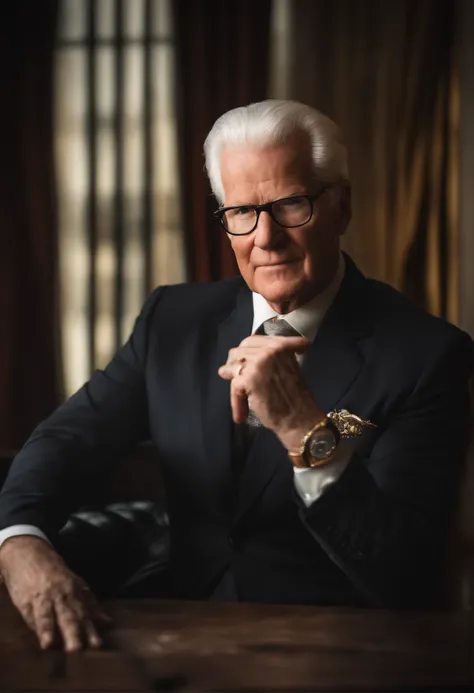 Bob Proctor palestrante apontando para a mente, retrato real, 
warm lighting, intense expression, glasses Determined look, dedo apontando para a mente (headpe), suor escorrendo , striking expression, suit well passed dollar bills, rich scenery blurred city...