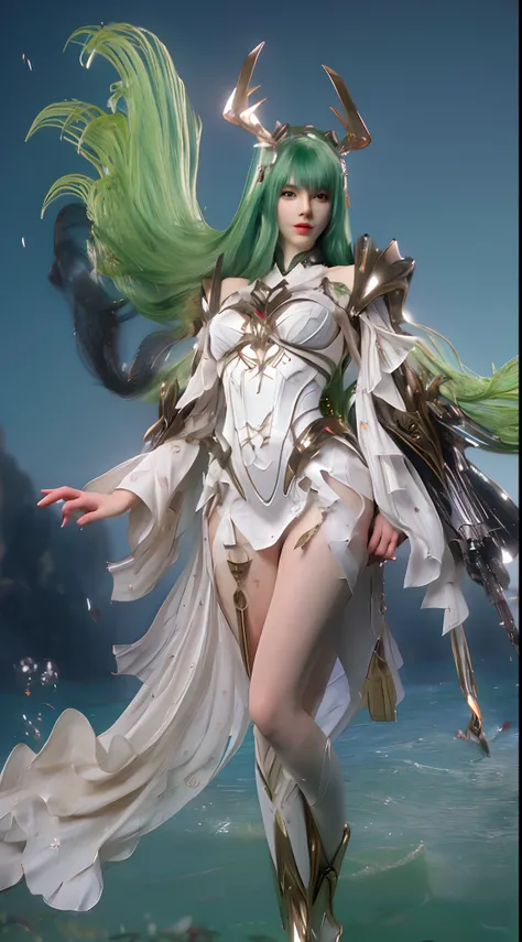 (A complex green-haired woman，Mecha joints and wing radiation, Quiet and dignified, Standing in the water), High-res, Ultra-detailed, Realistic, Vibrant colors, Bokeh, Studio lighting.