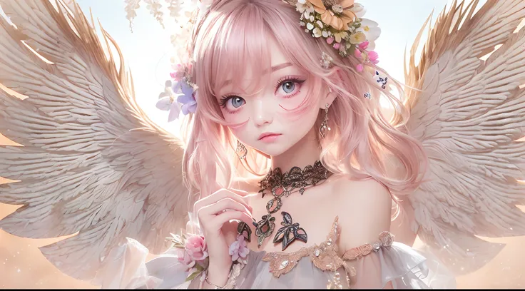 (best quality, masterpiece:1.2), 1 girl, intricate details, bare shoulders, short skirt, necklace, ruffles, sheer fabric, peeking through, blush on cheeks, wings, upper body, blurred background, floral print, defiance