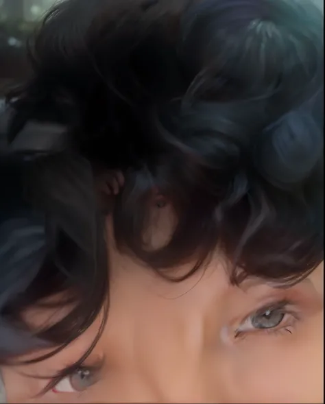 um close up de uma pessoa com cabelo preto e gravata, franja encaracolado, cabelo encaracolado preto, com olhos assombrados e cabelos cacheados, cabelos negros cacheados, com cabelos pretos, cabelos cacheados, (cabelos cacheados escuros e curtos), cachos p...