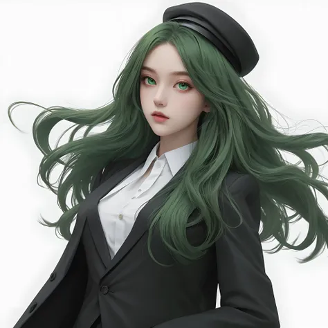 a 1girl, Acid-green lush hair, Green eyes, black formal suit, hat on his head, Sword in hand, whitebackground