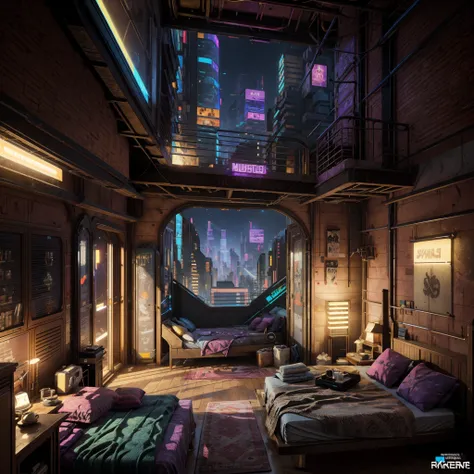 This is a cyberpunk fantasy image. Generate a cozy bedroom surrounded by a cyberpunk city. The bedroom serves as an oasis in the middle of a chaotic cyberpunk city. The bedroom has windows. Through the bedrooms windows the colorful, very detailed, and beau...