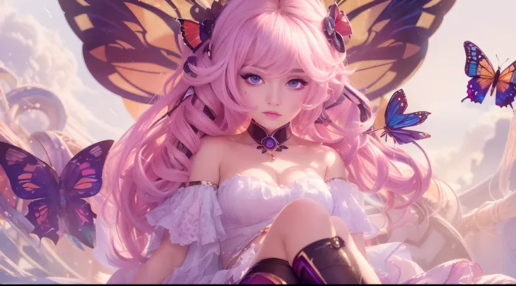 (a best, high-quality, 4k, 8k, high-res, masterpiece:1.2), 1 girl, intricately detailed, off-shoulder, mini skirt, necklace, ruffled hem, sheer fabric, peeking, blushing cheeks, butterfly wings, sitting on a cloud, blurred background, floral patterns, lost...