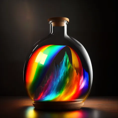 a rainbow contained in a glass bottle on a wooden table, black background (photorealistic painting), conceptual art, light effects,  modern fantasy,