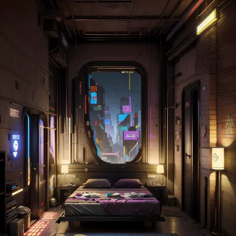 This is a cyberpunk fantasy image. Generate a cozy bedroom surrounded by a cyberpunk city. The bedroom serves as an oasis in the middle of a chaotic cyberpunk city. The bedroom has windows. Through the bedrooms windows the colorful, very detailed, and beau...