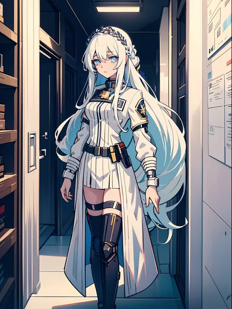 anime girl with long hair and white coat standing in a hallway, girls frontline style, from girls frontline, from arknights, portrait anime space cadet girl, cute anime girl, anime visual of a cute girl, silver hair girl, an anime girl, anime mecha aesthet...