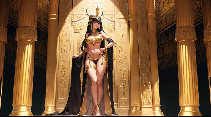 ancient egyptian queen, (standing next to ancient egyptian throne made of gold inside egyptian temple), (wearing ancient egyptian headdress), (wearing flowing see through robes), (legs and thighs visible through slit in robe), extremely beautiful, commandi...