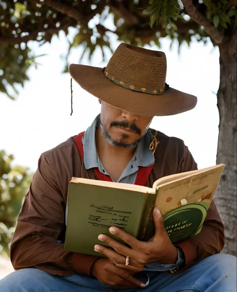 guttonerdvision10, homem arafed sentado em um banco lendo um livro, Lendo novo livro, Ler um livro, reading under a tree, retrato do livro, tentando ler, caracter with brown hat, Lendo o livro sobre o amor, he is holding a large book, leitura, inspired by ...