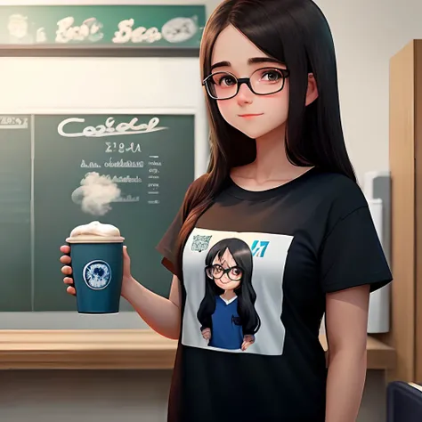 garota. bespectacled. cabelo preto. media. casaco fino. Azul escuro. height of a child. Adolescente de 17 anos e uma camisa. with heart impression. anime animation. Na escola, Holding a cup of coffee with your hands