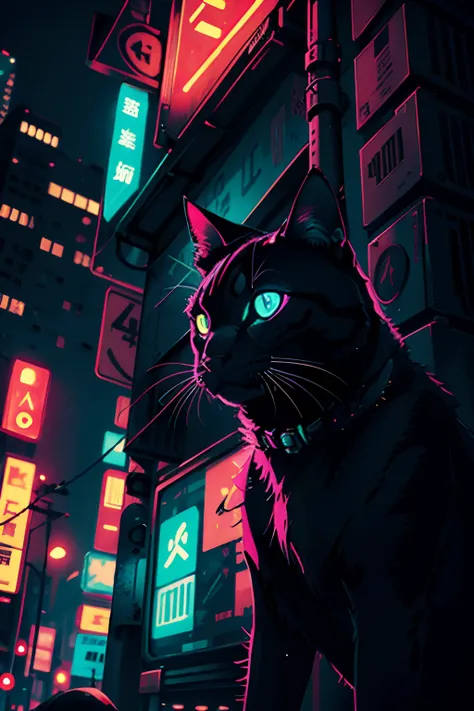 neon, cyberpunk, night, nocturnal, cat,