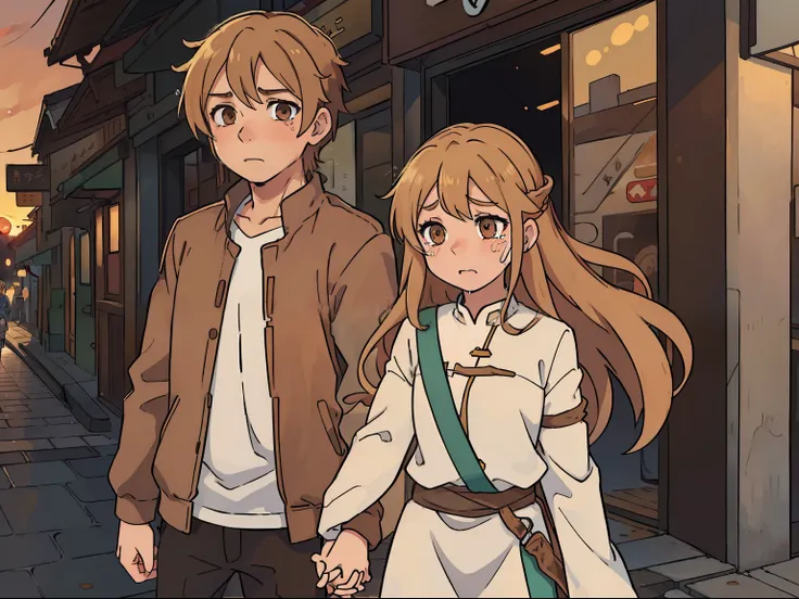 (Asuna1 holding hands with Boy1), (Asuna1, female, long blond hair, hazel eyes, crying, sad), (Boy1, male, brown choppy hair, brown eyes), city sidewalk, sunset, portrait