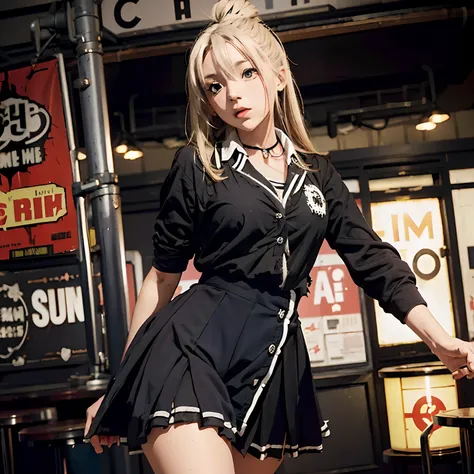 Marie rose fighting as a schoolgirl, (torn clothing:1.6), crowded bar, detailed, sexy, ((panties showing))