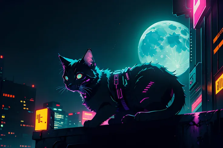 neon, cyberpunk, night, nocturnal, cat, on top of a building, on the edge of the building, moon with strong light, seen from above,