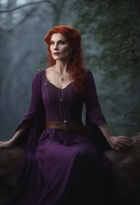 medieval rpg style, beautiful middle aged witch, with a gray-red hair, pale skin, wearing a purple dress