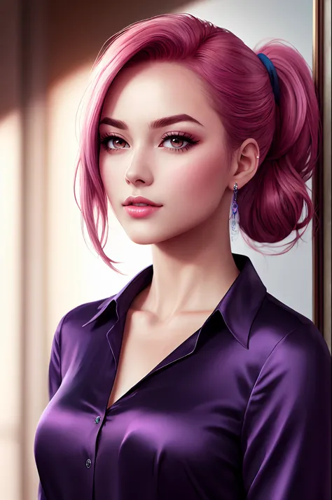 ultra realism, Masterpiece, hdr, adult woman, Portrait, perfect body, happy, Rich purple eyes, Deep vision correction, eyebrow shine, lipgloss, narrow nose, Rich pink hair, ponytail, Perfect hair, Silk blue blouse