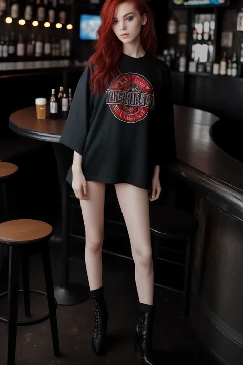 Mj, glamour, Fashion photo, Vogue Magazine, Beautiful, teenaged, 18 years, very skinny, Girl with disheveled red hair, pure eyes, makeup, Details, higly detailed, Fashion Magazine, Standing in a rock beer bar, pub, darkness, Smoke, rim light, Cinematic lig...