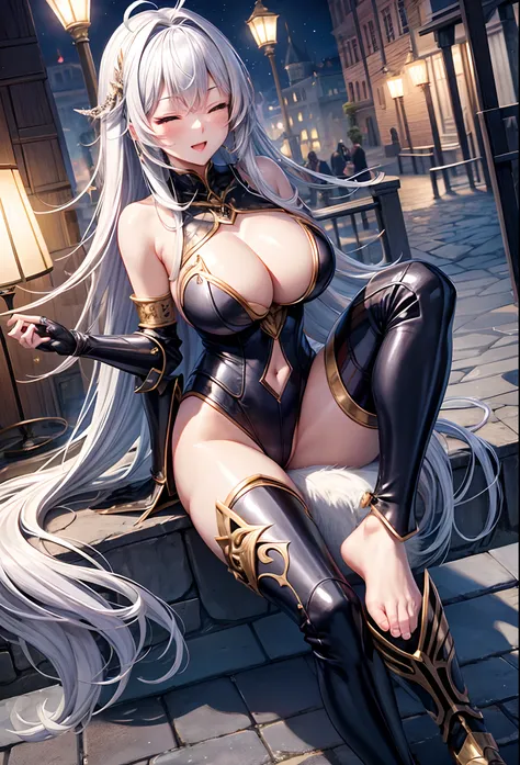 Woman knight、a beauty girl、huge tit、Excellent style、Nice Buddy、glamorous、leotard、s Armor、Bra chest armor、knee boots、gauntlets、hair adornments、silber hair、Longhaire、Ahoge、is standing、full body seen、Medieval city、outside of house、Night view、a smile、Eyes clos...