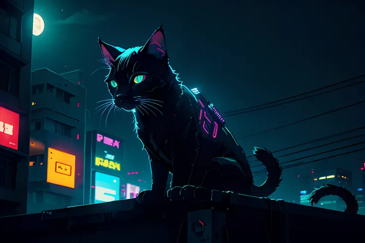 neon, cyberpunk, night, nocturnal, moon with strong light, cat, on top of a building, on the edge of the building,