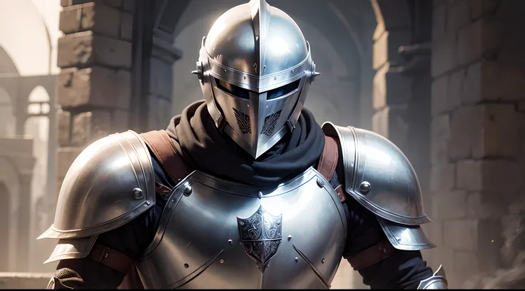 Medieval knight dressed in steel armor and helmet, sentado na frente de uma fogueira