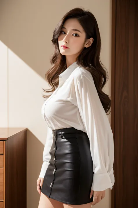 top-quality,a tall and beautiful woman,Bewitching face,A Japanese Lady,40 years,Colossal tits,Loose wavy styling hair,White button-up shirt,Black tight skirt,Luxurious Western-style room,