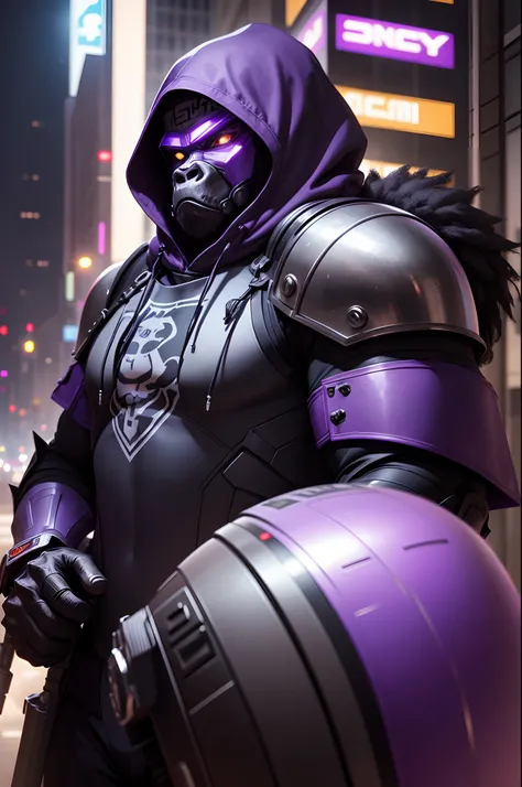 Gorilla in black armor wearing a hood over his head, avec un logo octogone de couleur violet sur son armure, with a sports car in the color of his armor behind him, une ville cyberpunk de nuit en background. implant cyborg sur le bras