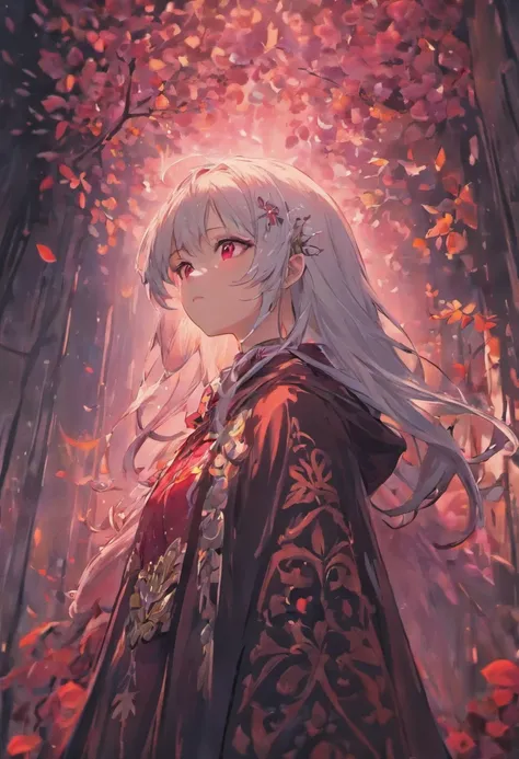 1girl,solo,1girl,solo,((beautiful detailed eyes)), (detailed light),depth of field,(white hair),silver eyes,hair over one eye,(red flower ), hair flower,long hair,black cloak,wet,emotionless,looking back,night,starfall,raining,fog,red flowers falling,sketc...