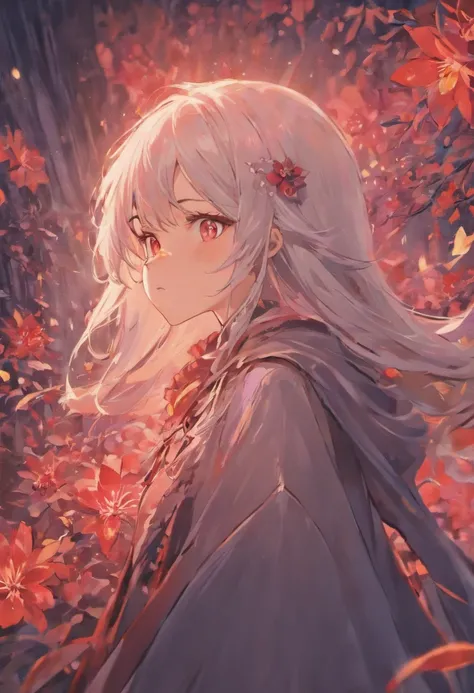 1girl,solo,1girl,solo,((beautiful detailed eyes)), (detailed light),depth of field,(white hair),silver eyes,hair over one eye,(red flower ), hair flower,long hair,black cloak,wet,emotionless,looking back,night,starfall,raining,fog,red flowers falling,sketc...