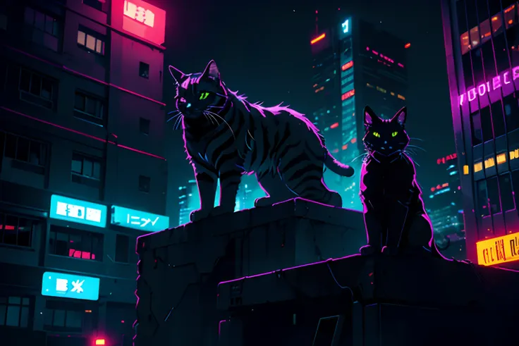 neon, cyberpunk, night, nocturnal, moon with strong light, silver cat, on top of a building, on the edge of the building,