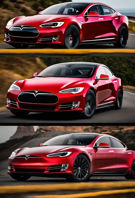 Rojo Tesla Model S Hiperrealista 3D 8K 16:9 and add phrases