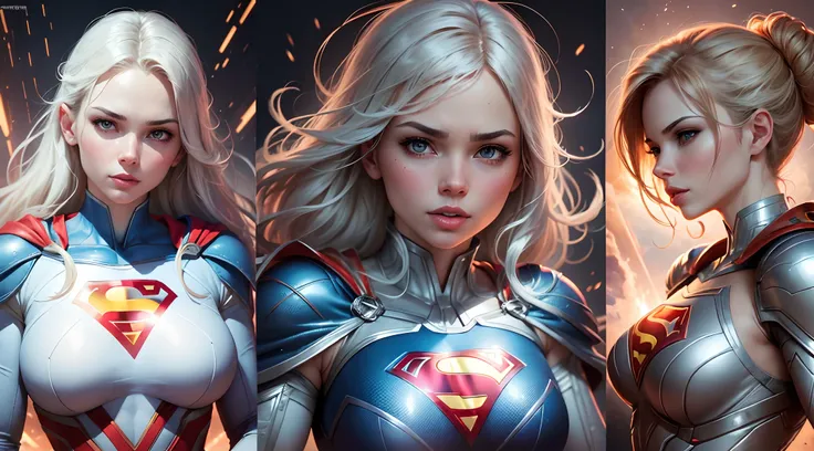 Masterpieces, Charlie Theron beautifully in a white, blue and red costume with a Superman logo on her chest, Power Girl, Supergirl, Chris Moore. artgerm, beautiful comic art, extremely detailed art germ, female superhero proportions, superhero body,big bre...