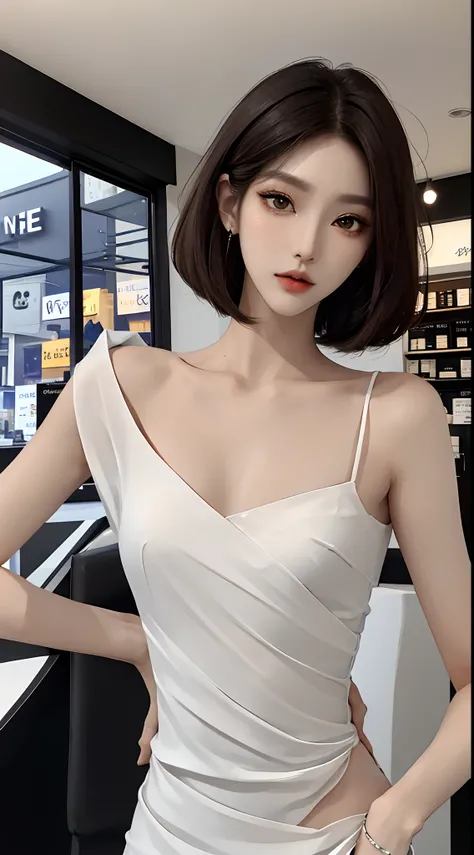 ​masterpiece、top-quality)、1 beutiful girl、Slim body、(Black and white plain clothes:1.1)、(Detailed beautiful eyes)、Inside the store、((Brown Shorthair))、((Smaller face))、tall、((Light brown eyes))、((Korean Girl))、((cool lady))、((Wild look))、((Korean Makeup))、...