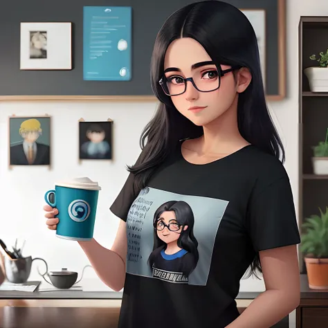 garota. bespectacled. cabelo preto. media. casaco fino. Azul escuro. Adolescente de 17 anos e uma camisa. with heart impression. anime animation. Holding a cup of coffee with one hand, mandando beijinho