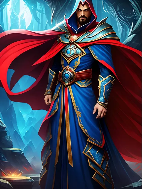 a cartoon of a man dressed in a blue and red costume, new costume concept design, full body concept, as an atlantean, official concept art, mage robe based on a toucan, blue cloak, inspired by Aquirax Uno, dressed in a blue cloak, dark sorcer fullbody pose...