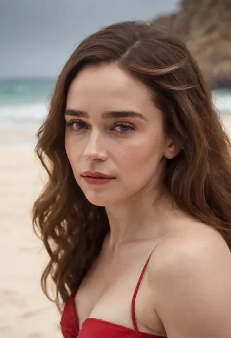 Emilia Clarke in the beach,red bikini, big breast, masterpiece, realistic