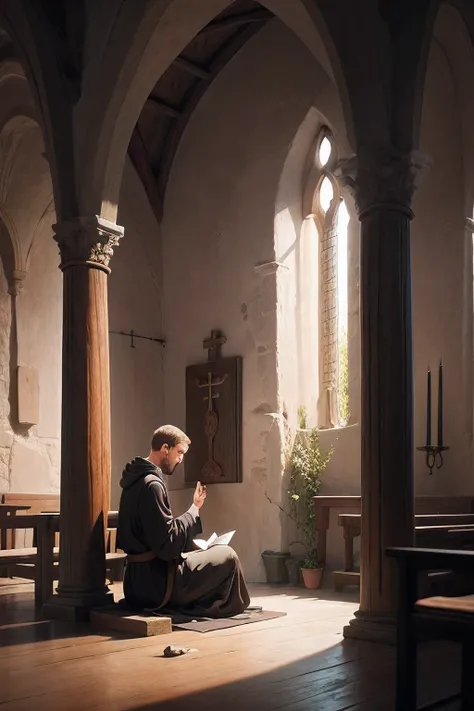 Create a landscape image of St. Francis of Assisi meditating in a small, ancient church contemplating the silence with soft colors