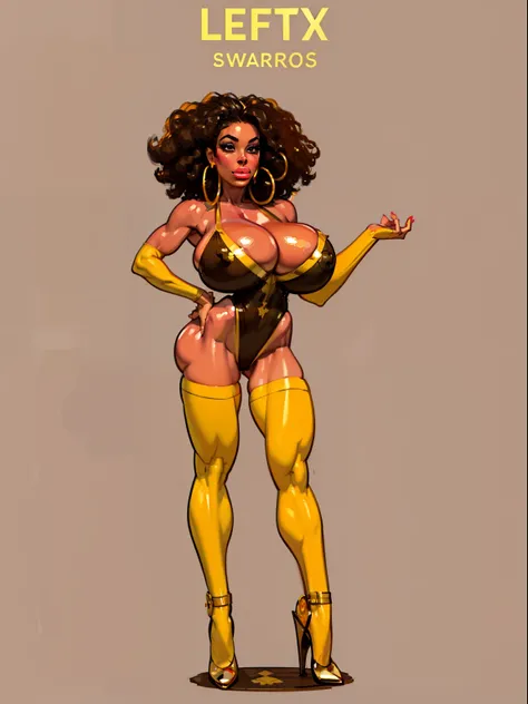 ((masterpiece)),(((best quality))),((character sheet)), ((full body view)) ((black woman)) ((afro)) ((seductive pose)) mature face, defined cheekbones, high cheekbones, illustration, girl, muscular, ((afro:1.4)), sexy bimbo, (gigantic breasts:1.7) black ha...