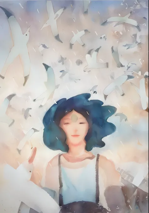 Painting of a woman with a bird in her hand and an airplane in the air, inspirado em Pascale Campion, Directed by: Maryam Hashemi, there are birds on her head, penas chovendo, Directed by: Kim Tschang Yeul, por Juliette Leong, blurry and dreamy illustratio...