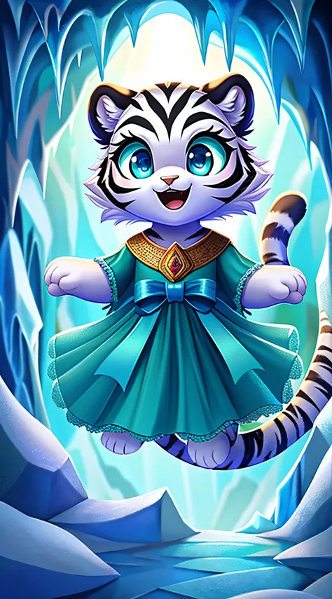 zoomed out image, fantasy style art, cute, adorable, short character, small, tiny, baby fluffy female white tiger with blue eyes, long tail, long eyelashes, wearing a teal frilly ribbon dress, playing in an ice cave, big expressive smile, open mouth, wide ...