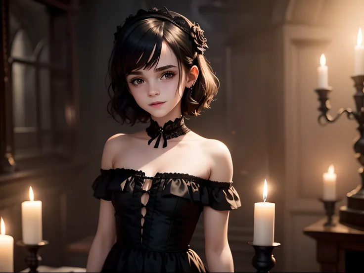 tween Emma Watson wearing a black gothic strapless playsuit in a candle lit creepy room, small bust, small chest, cute smile, black hair accessories, black makeup, black lips, black collar, black hair