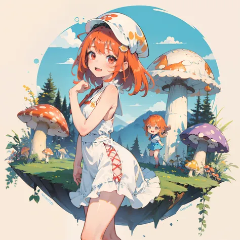 1girll, Orange hair, Red eyes, dress, (Solo:1.3),Simple drawing, Mushrooms and girls, Cute, Big smile, Mushrooms + Mushrooms + Mushrooms + Mushrooms + Mushrooms,Red mushrooms，Cyan mushrooms，White mushrooms， Mushrooms on the head, Mushrooms grow on the body...