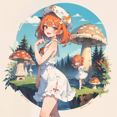 1girll, Orange hair, Red eyes, dress, (Solo:1.3),Simple drawing, Mushrooms and girls, Cute, Big smile, Mushrooms + Mushrooms + Mushrooms + Mushrooms + Mushrooms,Red mushrooms，Cyan mushrooms，White mushrooms， Mushrooms on the head, Mushrooms grow on the body...