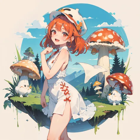 1girll, Orange hair, Red eyes, dress, (Solo:1.3),Simple drawing, Mushrooms and girls, Cute, Big smile, Mushrooms + Mushrooms + Mushrooms + Mushrooms + Mushrooms,Red mushrooms，Cyan mushrooms，White mushrooms， Mushrooms on the head, Mushrooms grow on the body...